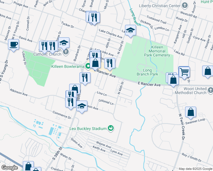 map of restaurants, bars, coffee shops, grocery stores, and more near 3316 East Rancier Avenue in Killeen