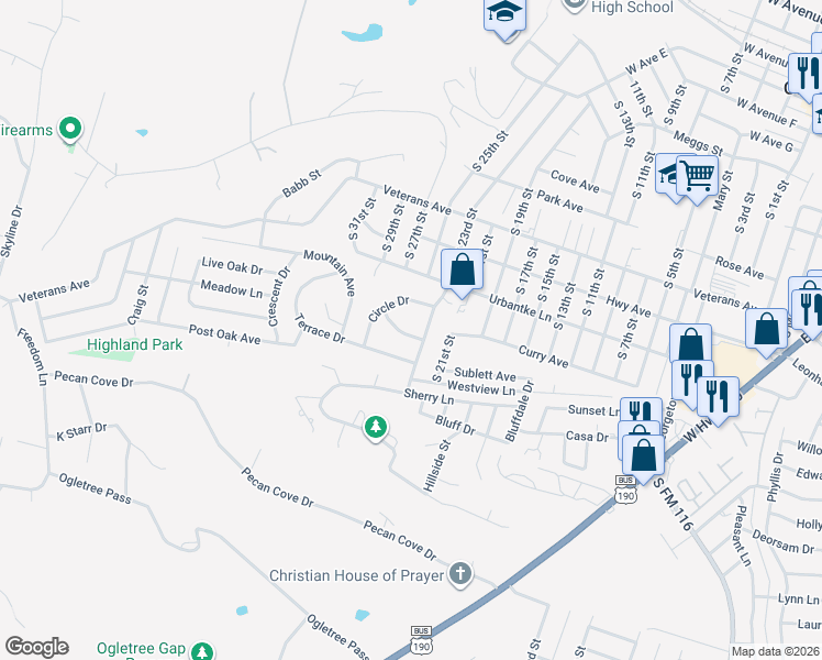 map of restaurants, bars, coffee shops, grocery stores, and more near 2104 Brantley Avenue in Copperas Cove