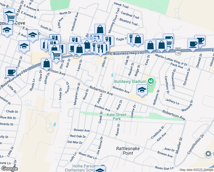 map of restaurants, bars, coffee shops, grocery stores, and more near 313 Judy Lane in Copperas Cove