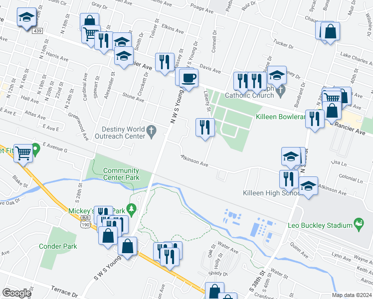 map of restaurants, bars, coffee shops, grocery stores, and more near 2301 Atkinson Avenue in Killeen