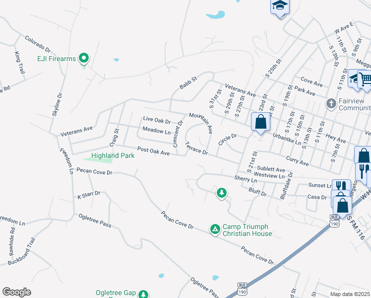map of restaurants, bars, coffee shops, grocery stores, and more near 2301 Terrace Drive in Copperas Cove