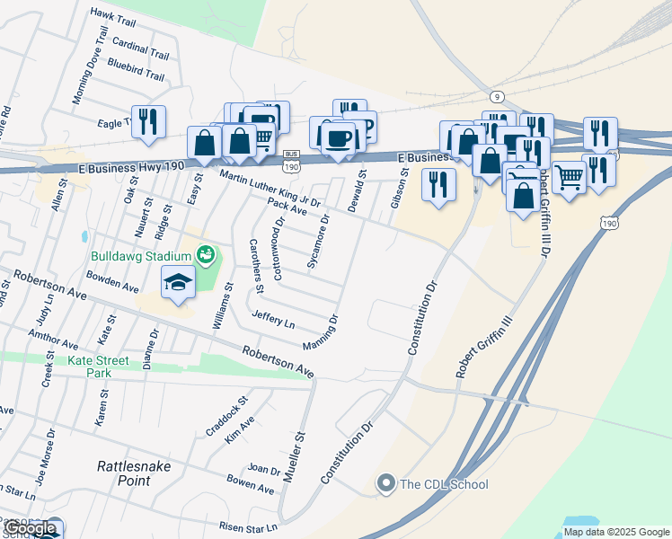 map of restaurants, bars, coffee shops, grocery stores, and more near 302 Manning Drive in Copperas Cove
