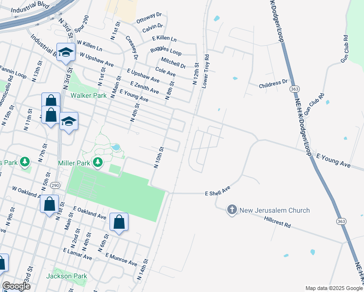map of restaurants, bars, coffee shops, grocery stores, and more near 2303 North 12th Street in Temple