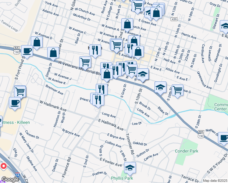 map of restaurants, bars, coffee shops, grocery stores, and more near 308 South 2nd Street in Killeen