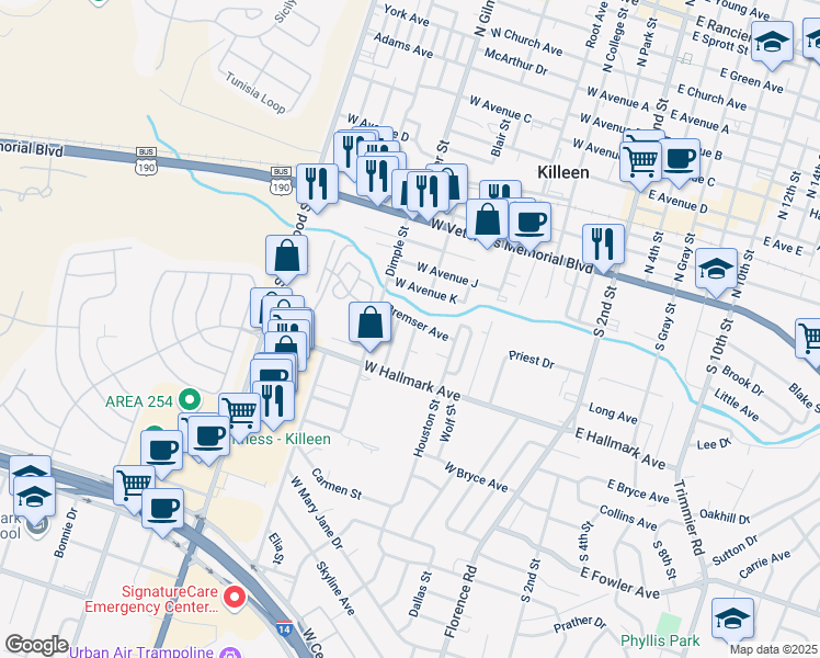 map of restaurants, bars, coffee shops, grocery stores, and more near 512 Bremser Avenue in Killeen