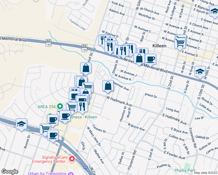 map of restaurants, bars, coffee shops, grocery stores, and more near 511 Raymond Street in Killeen
