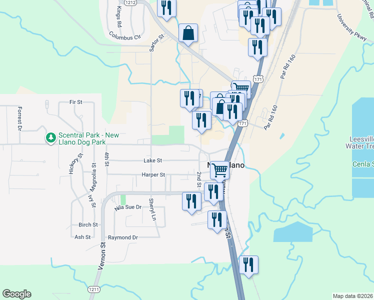 map of restaurants, bars, coffee shops, grocery stores, and more near 103 Stanton Street in New Llano