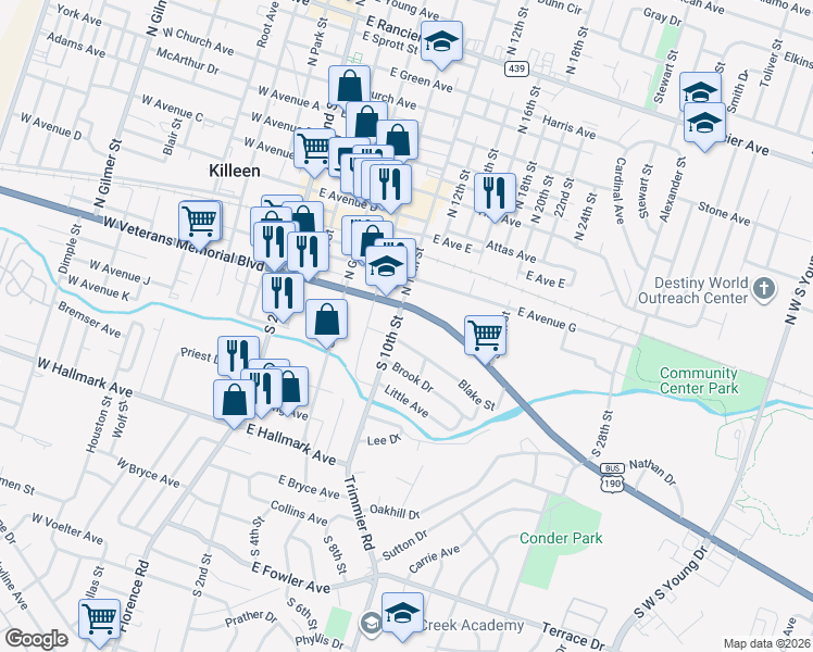 map of restaurants, bars, coffee shops, grocery stores, and more near 502 E Veterans Memorial Blvd in Killeen