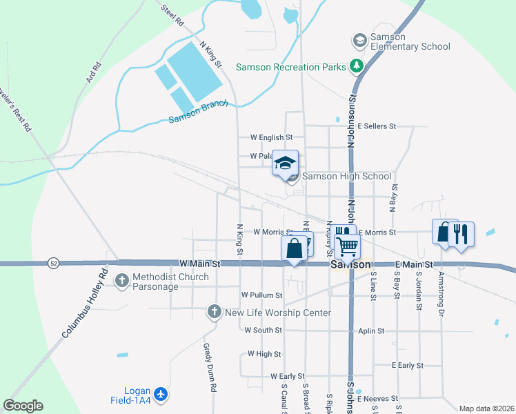 map of restaurants, bars, coffee shops, grocery stores, and more near 200 West Washington Street in Samson