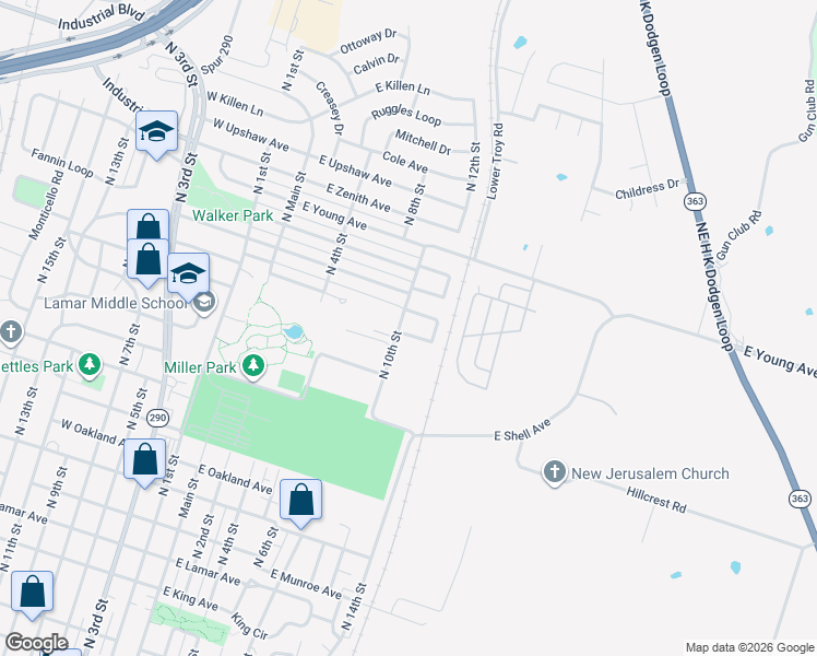 map of restaurants, bars, coffee shops, grocery stores, and more near 508 East Union Avenue in Temple