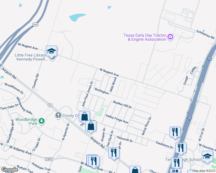 map of restaurants, bars, coffee shops, grocery stores, and more near 1111 Westbury in Temple