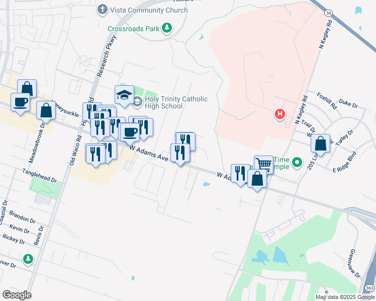 map of restaurants, bars, coffee shops, grocery stores, and more near 101 Beaver Loop in Temple