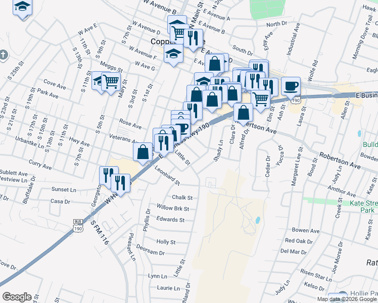 map of restaurants, bars, coffee shops, grocery stores, and more near 712 Mickan Street in Copperas Cove