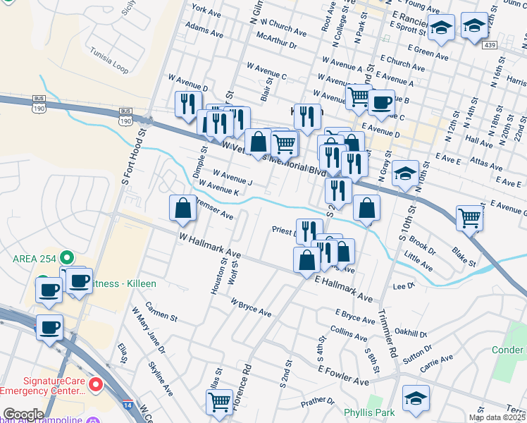 map of restaurants, bars, coffee shops, grocery stores, and more near 420 Wolf Street in Killeen