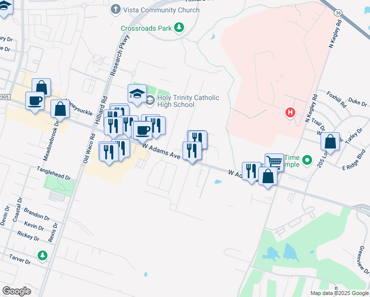 map of restaurants, bars, coffee shops, grocery stores, and more near 105 Kasberg Drive in Temple
