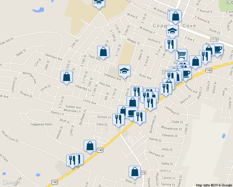 map of restaurants, bars, coffee shops, grocery stores, and more near 1105 South 7th Street in Copperas Cove