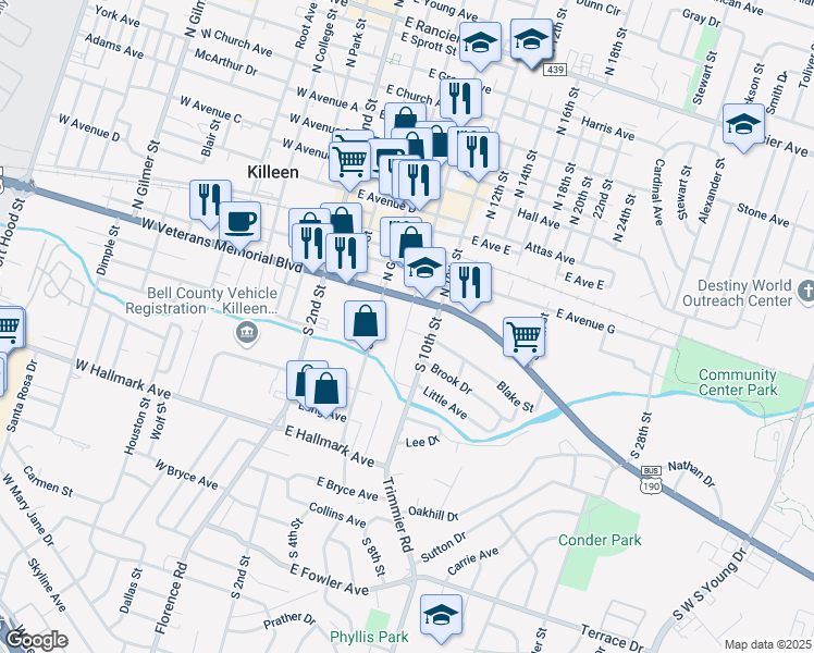 map of restaurants, bars, coffee shops, grocery stores, and more near 116 S 8th St in Killeen