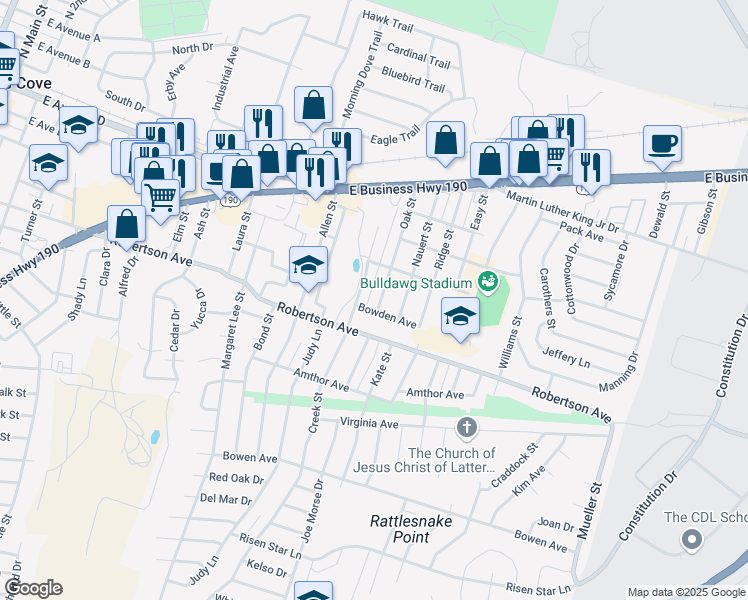 map of restaurants, bars, coffee shops, grocery stores, and more near 414 Oak Street in Copperas Cove