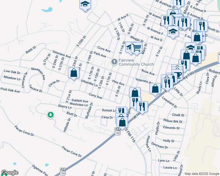 map of restaurants, bars, coffee shops, grocery stores, and more near 702 Urbantke Lane in Copperas Cove
