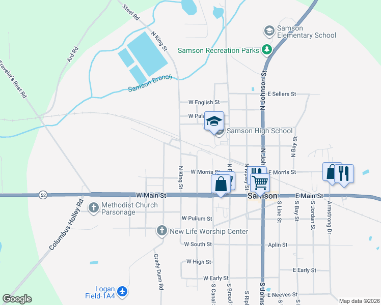 map of restaurants, bars, coffee shops, grocery stores, and more near 200 W Washington St in Samson