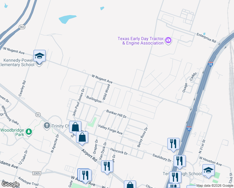 map of restaurants, bars, coffee shops, grocery stores, and more near 1119 Abbey Ridge in Temple