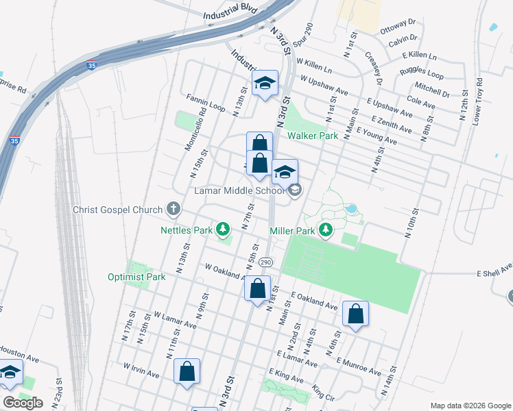 map of restaurants, bars, coffee shops, grocery stores, and more near 1905 North 7th Street in Temple
