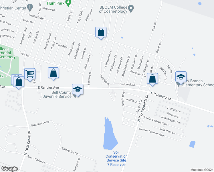 map of restaurants, bars, coffee shops, grocery stores, and more near 5102 Birdcreek Drive in Killeen
