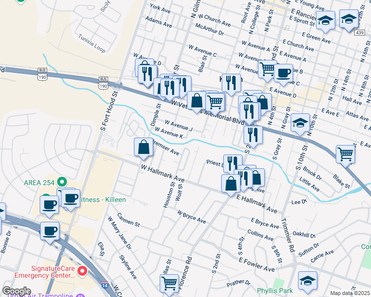 map of restaurants, bars, coffee shops, grocery stores, and more near 524 Joyner Circle in Killeen