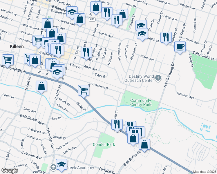 map of restaurants, bars, coffee shops, grocery stores, and more near 1405 East Avenue G in Killeen