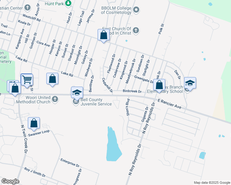map of restaurants, bars, coffee shops, grocery stores, and more near 5102 Birdcreek Drive in Killeen