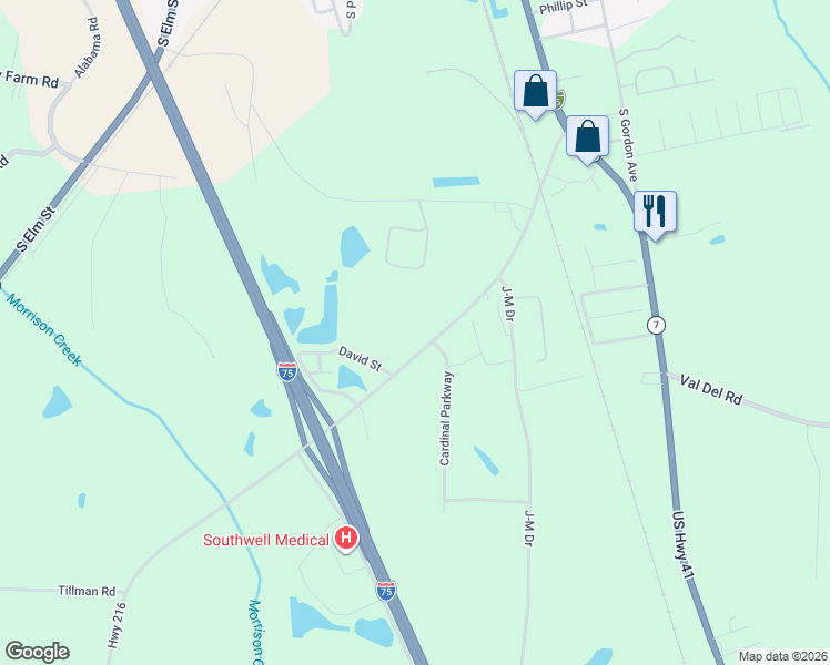 map of restaurants, bars, coffee shops, grocery stores, and more near 410 Old Quitman Road in Adel