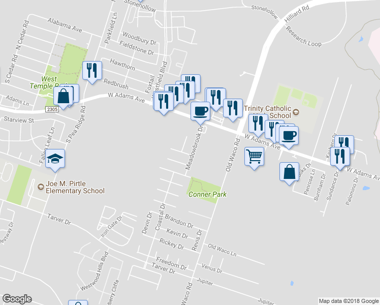 map of restaurants, bars, coffee shops, grocery stores, and more near 130 Meadowbrook Drive in Temple
