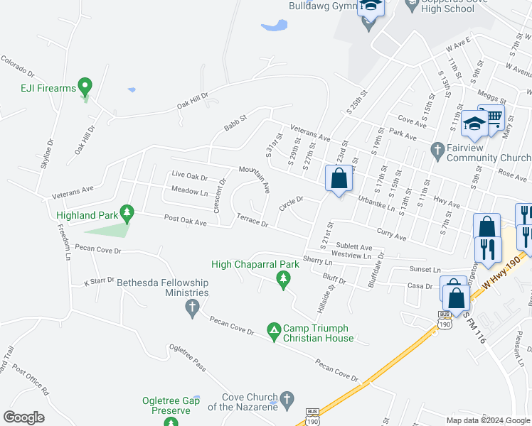 map of restaurants, bars, coffee shops, grocery stores, and more near 2202 Mountain Avenue in Copperas Cove