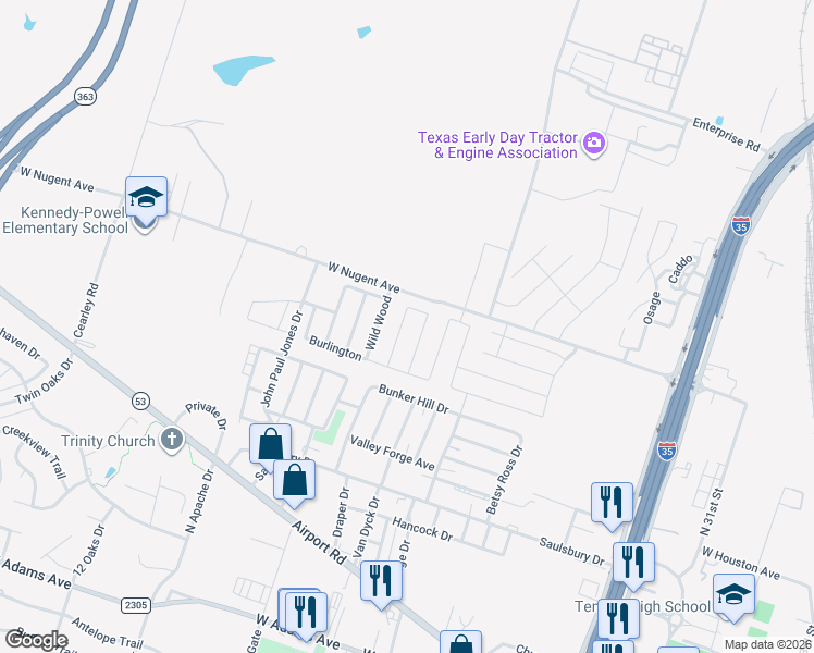 map of restaurants, bars, coffee shops, grocery stores, and more near 1119 Abbey Ridge in Temple