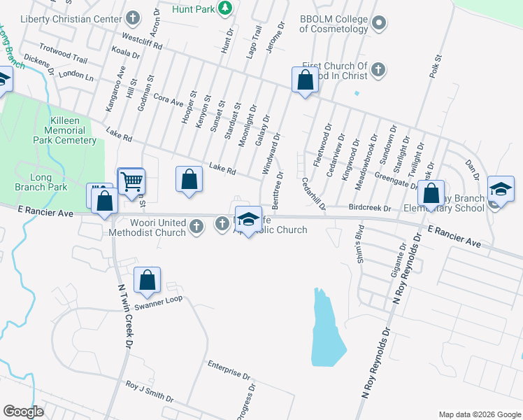 map of restaurants, bars, coffee shops, grocery stores, and more near 1407 Windward Drive in Killeen