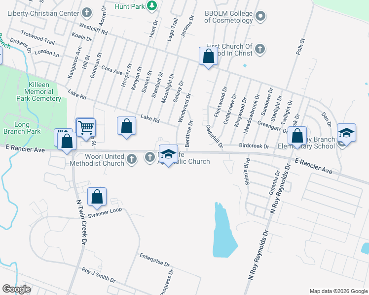 map of restaurants, bars, coffee shops, grocery stores, and more near 1502 Benttree Drive in Killeen