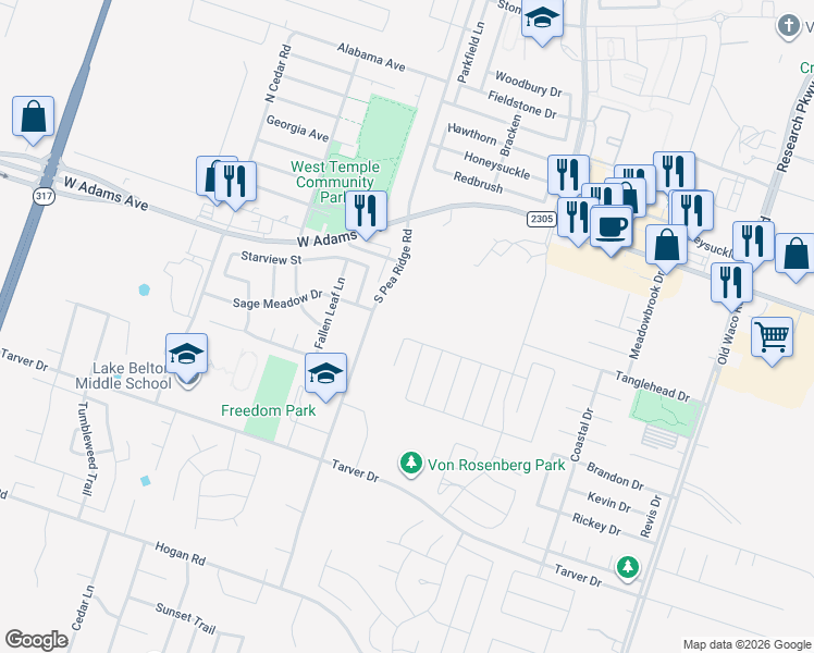 map of restaurants, bars, coffee shops, grocery stores, and more near 455-717 South Pea Ridge Road in Temple