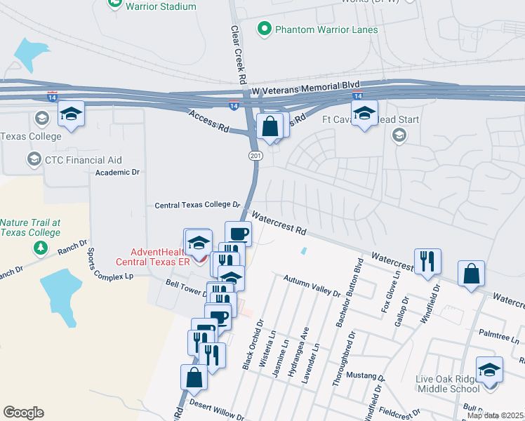map of restaurants, bars, coffee shops, grocery stores, and more near 2002 Watercrest Road in Killeen