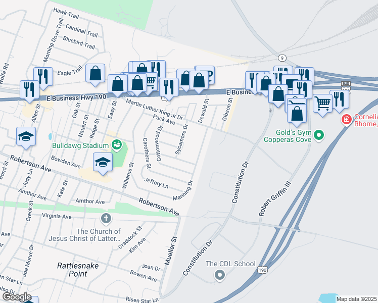 map of restaurants, bars, coffee shops, grocery stores, and more near 302 Manning Drive in Copperas Cove
