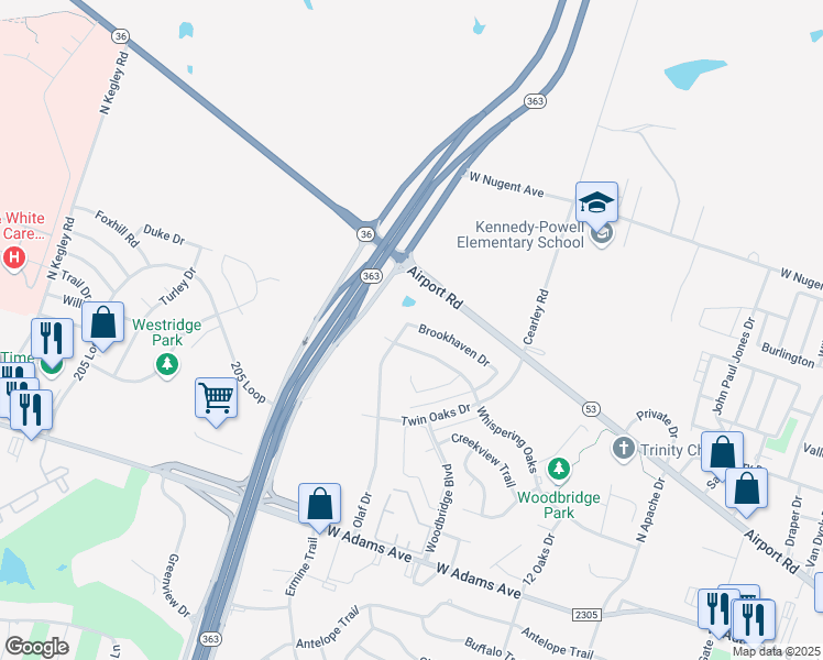 map of restaurants, bars, coffee shops, grocery stores, and more near 729 Olaf Drive in Temple