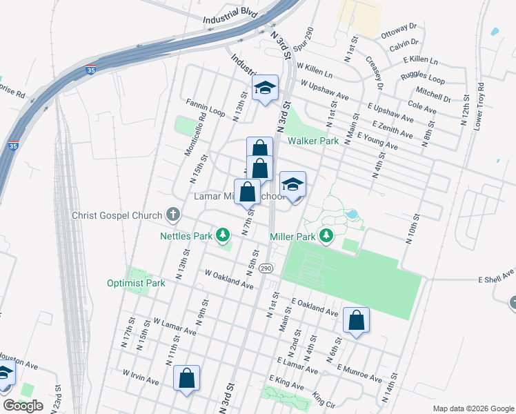 map of restaurants, bars, coffee shops, grocery stores, and more near 1905 North 7th Street in Temple