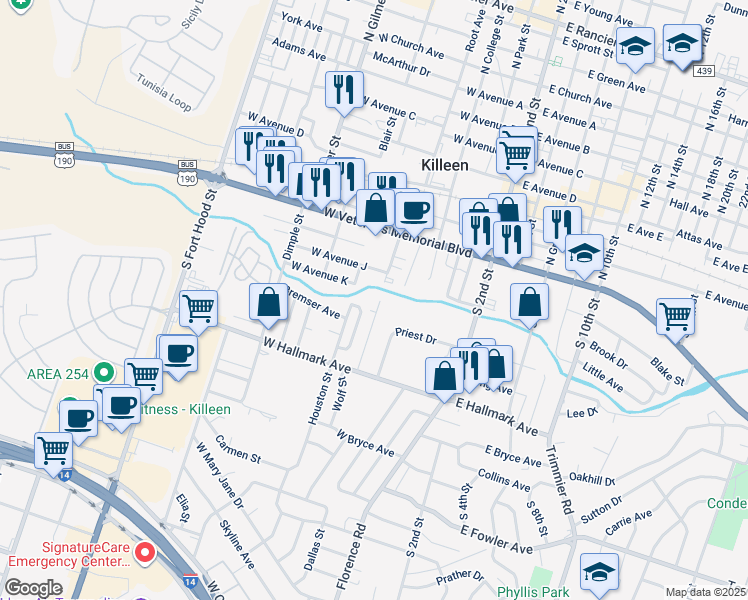 map of restaurants, bars, coffee shops, grocery stores, and more near 420 Wolf Street in Killeen