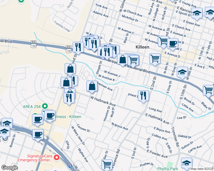 map of restaurants, bars, coffee shops, grocery stores, and more near 512 Bremser Avenue in Killeen