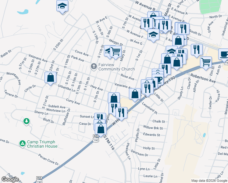 map of restaurants, bars, coffee shops, grocery stores, and more near 1101 South 3rd Street in Copperas Cove