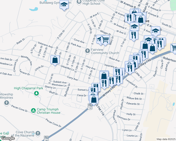 map of restaurants, bars, coffee shops, grocery stores, and more near 702 Urbantke Lane in Copperas Cove