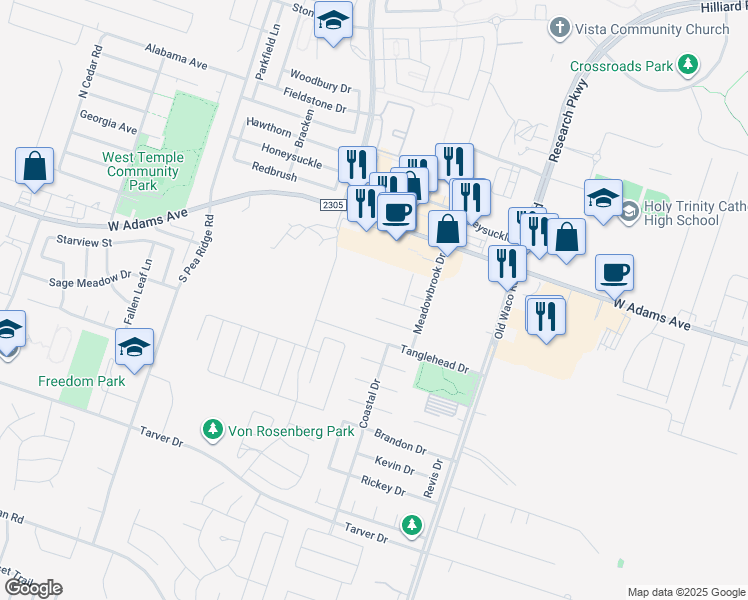 map of restaurants, bars, coffee shops, grocery stores, and more near 7316 Tobosa Drive in Temple