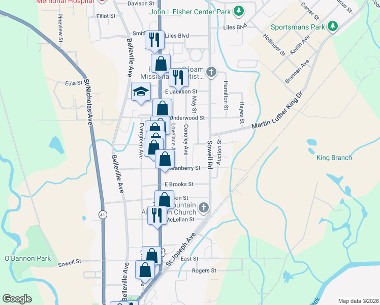 map of restaurants, bars, coffee shops, grocery stores, and more near 200-208 Oak Street in Brewton