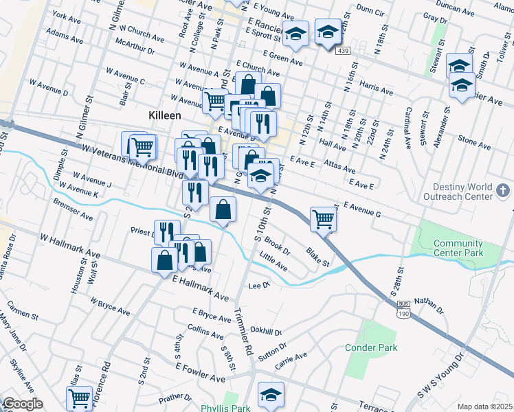 map of restaurants, bars, coffee shops, grocery stores, and more near 116 South 8th Street in Killeen