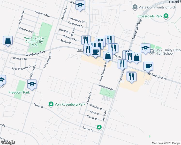 map of restaurants, bars, coffee shops, grocery stores, and more near 7325 Klein Drive in Temple