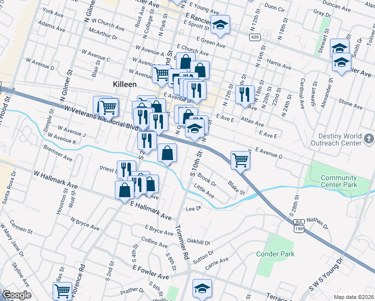 map of restaurants, bars, coffee shops, grocery stores, and more near in Killeen